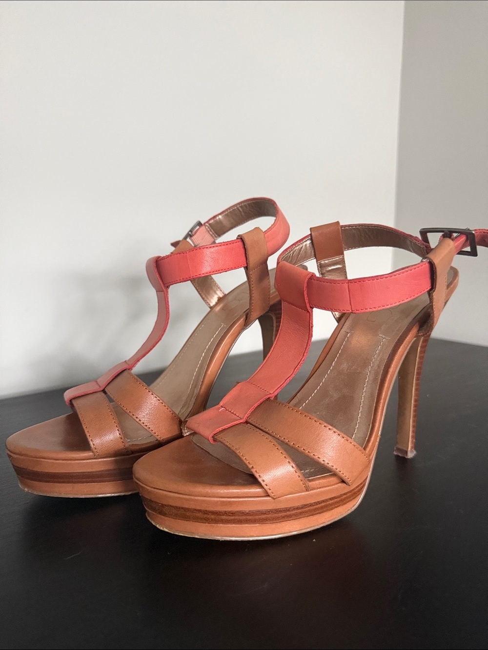 BCBG Coral and Tan Strappy Leather Sandals